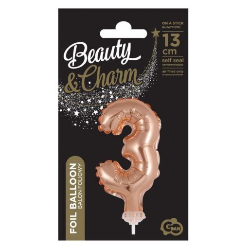 Rose Gold 3-as szám fólia lufi tortára 13 cm