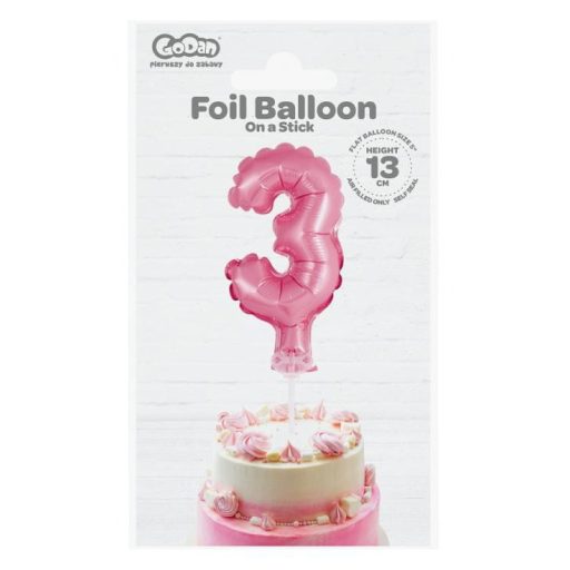 Rózsaszín 3-as Pink szám fólia lufi tortára 13 cm
