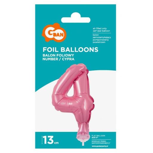 Rózsaszín 4-es Pink szám fólia lufi tortára 13 cm