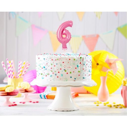 Rózsaszín 6-os Pink szám fólia lufi tortára 13 cm