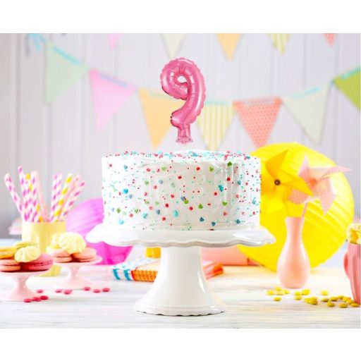 Rózsaszín 9-es Pink szám fólia lufi tortára 13 cm
