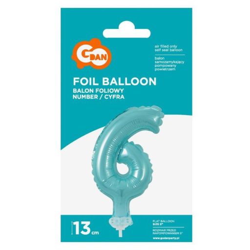 Kék 6-os Light Blue szám fólia lufi tortára 13 cm