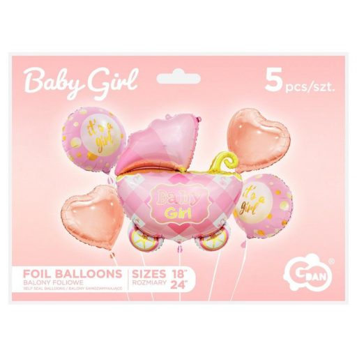 Rózsaszín babakocsi Carriage Pink fólia lufi 5 db-os szett
