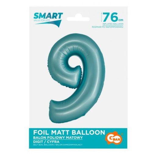 Kék 9-es Light Blue Mat szám fólia lufi 76 cm
