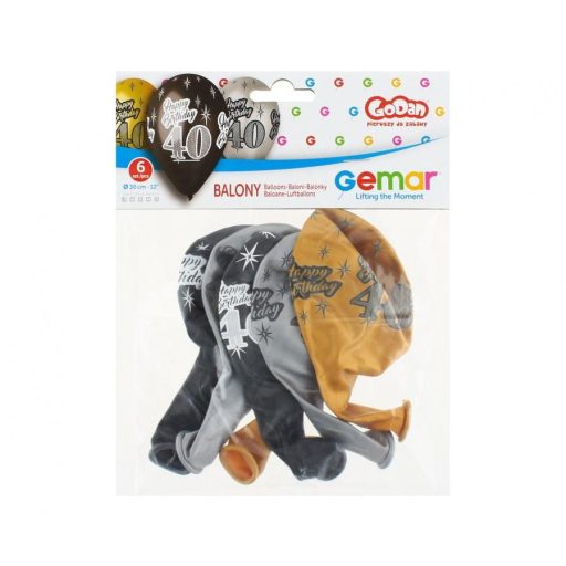 Happy Birthday 40 Metallic léggömb, lufi 6 db-os 12 inch (30 cm)